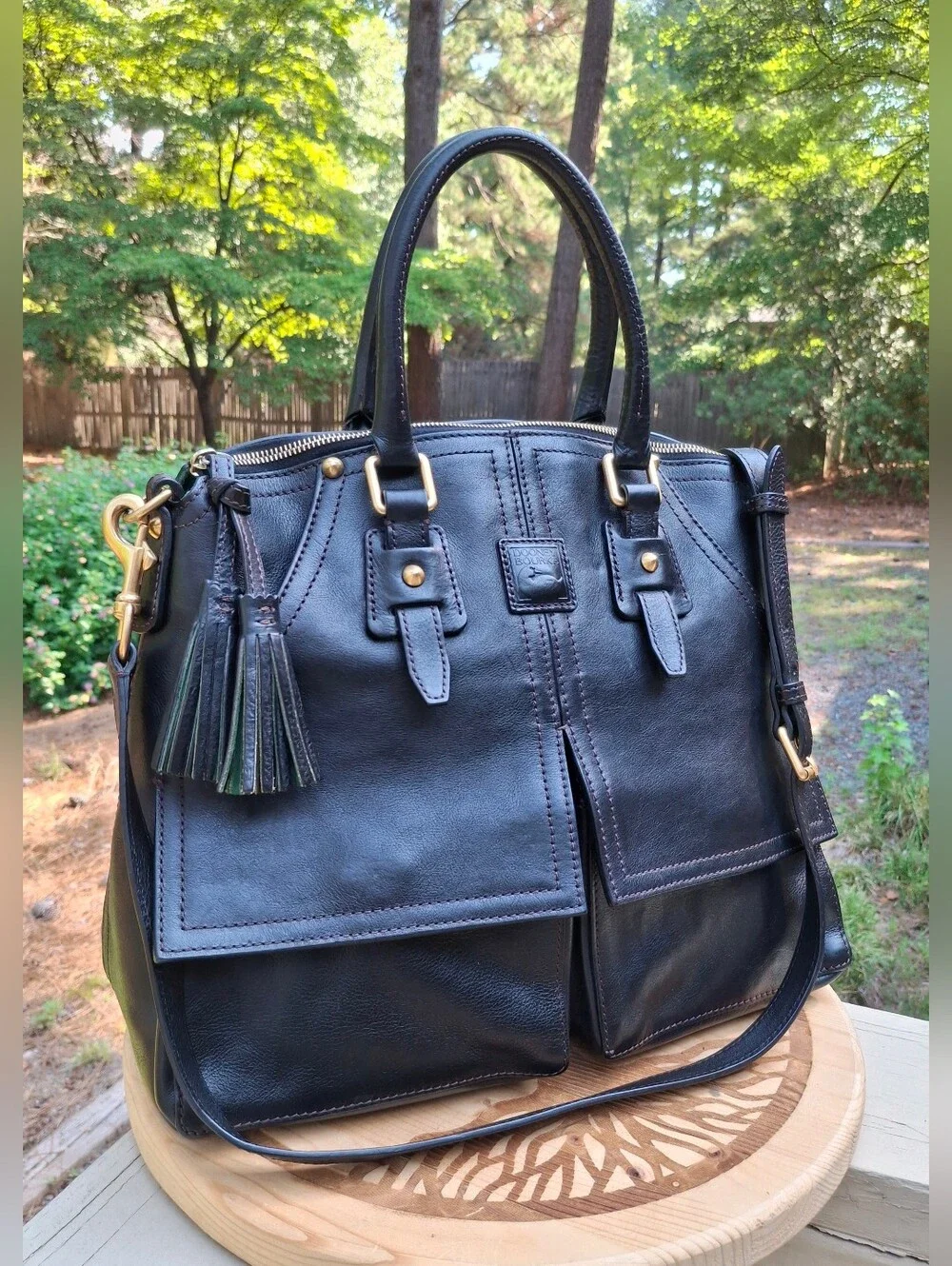 Dooney & Bourke Black Florentine Vacchetta Leather Clayton Satchel